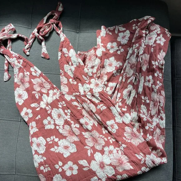 Mauve Red Brown White Floral Midi Tie Strap Abercrombie Dress - Picture 4 of 6